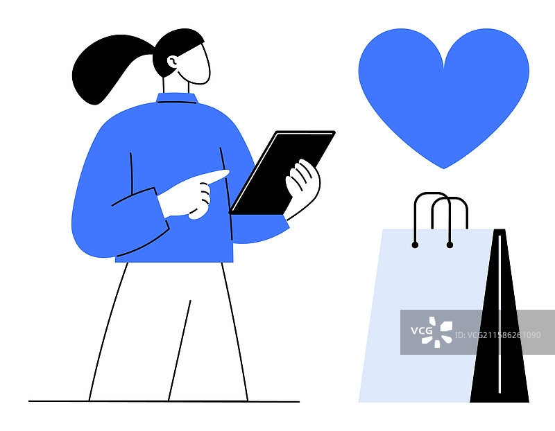 使用平板电脑的人，手里拿着心形图案和购物袋图片素材