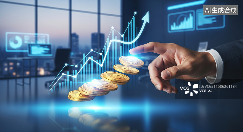 【AI数字艺术】手触摸上升金币与商务图表背景图片素材