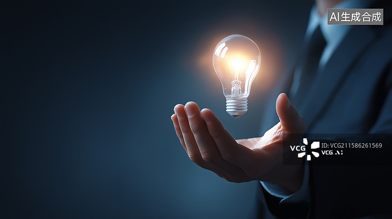 【AI数字艺术】商人手持发光灯泡创意图片素材