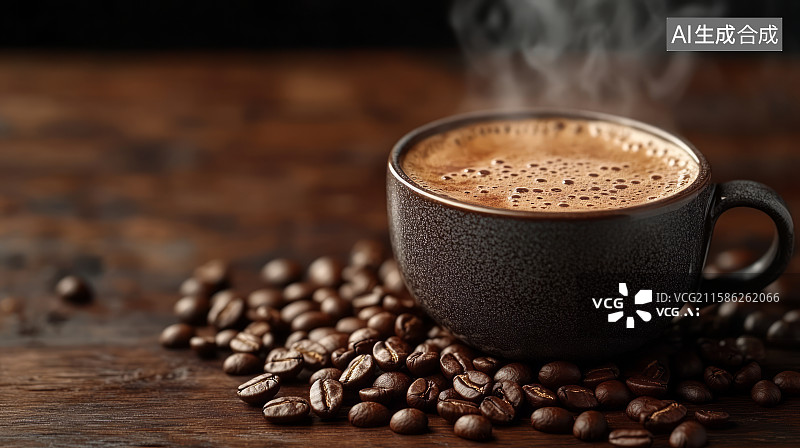 【AI数字艺术】桌上一杯香浓黑咖啡和散落的咖啡豆图片素材