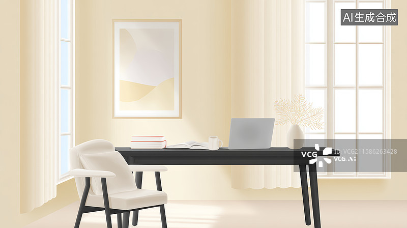 【AI数字艺术】房间内书桌上摆放笔记本电脑图片素材