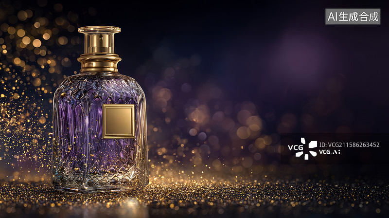 【AI数字艺术】金色瓶盖的紫色香水瓶图片素材