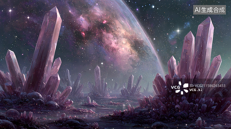 【AI数字艺术】紫色晶体群落矗立在星河背景下图片素材
