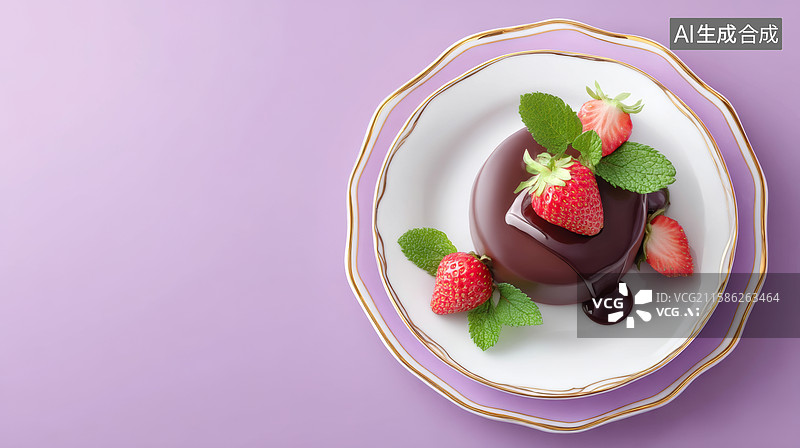 【AI数字艺术】巧克力慕斯蛋糕配有草莓薄荷叶图片素材