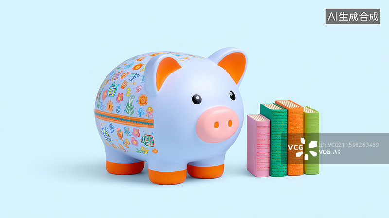 【AI数字艺术】一只小猪存钱罐和四本彩色书籍图片素材