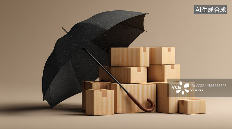 【AI数字艺术】黑色雨伞遮挡着一堆纸箱图片素材