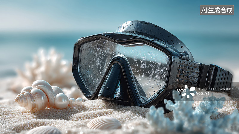 【AI数字艺术】潜水镜贝壳珍珠项链置于沙滩上图片素材