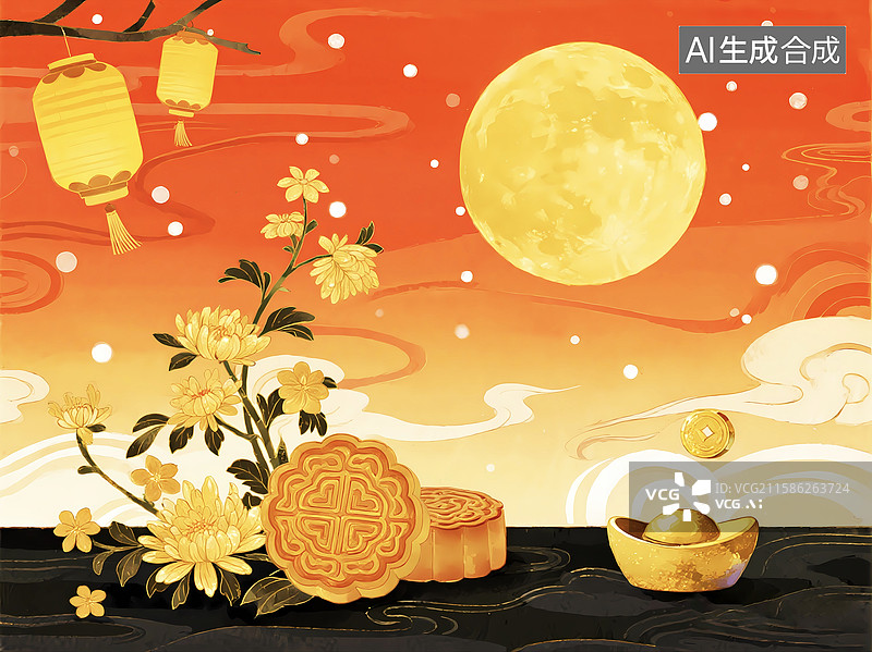 【AI数字艺术】月满中秋团圆国风月饼海报图片素材