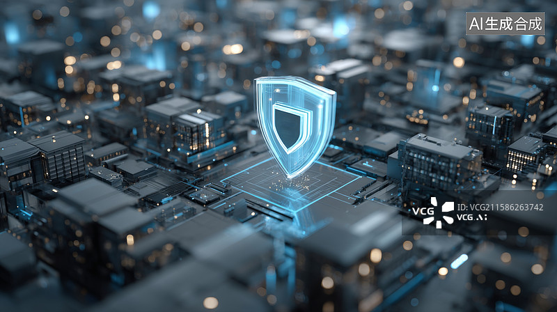 【AI数字艺术】蓝色盾牌位于电路背景中央图片素材