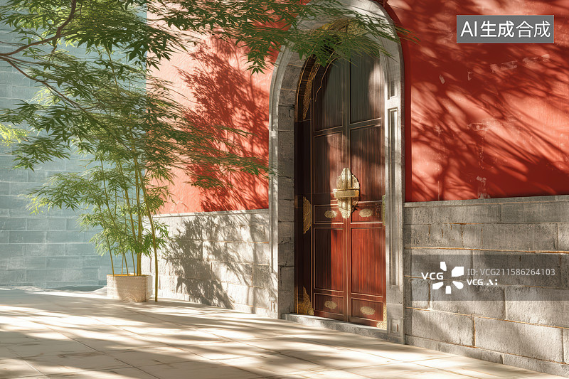 【AI数字艺术】红墙木门绿树中式庭院景致图片素材