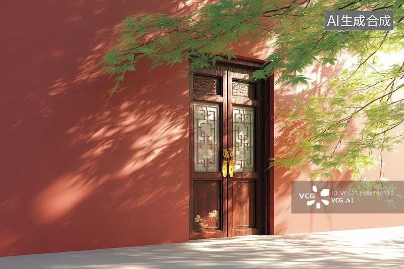 【AI数字艺术】红墙木门绿树中式庭院景致图片素材
