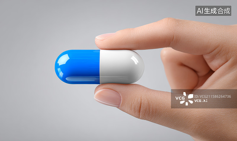 【AI数字艺术】手握蓝白胶囊药丸图片素材