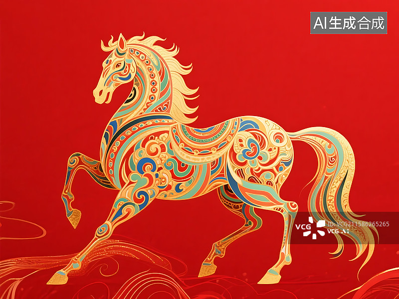 【AI数字艺术】中国风国潮骏马设计，金色装饰与彩色纹样勾勒奔跑骏马，传统民俗艺术，红色背景图片素材