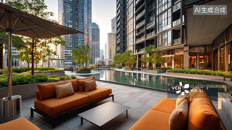 【AI数字艺术】现代城市公寓的屋顶泳池与休闲区图片素材