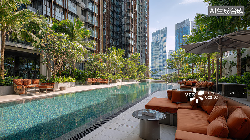 【AI数字艺术】现代城市中的豪华泳池与休闲区图片素材