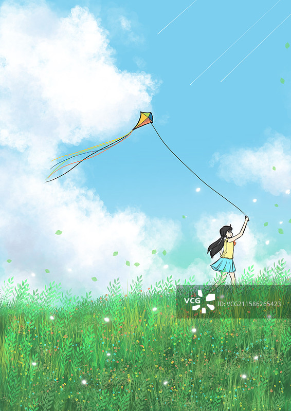 夏天风和日丽，小女孩在草地上放风筝图片素材