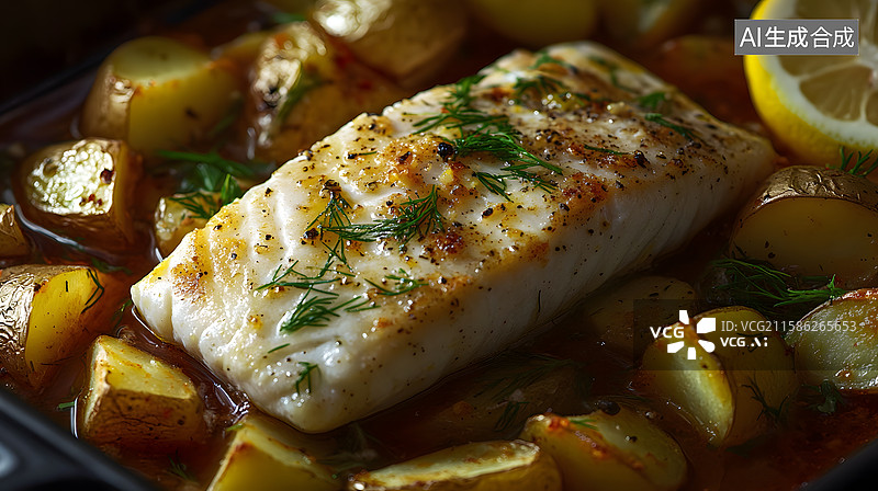 【AI数字艺术】烤鱼配土豆和柠檬图片素材