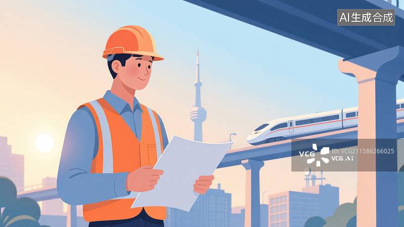 【AI数字艺术】穿橙色工装的工程师在高铁旁查看图纸图片素材