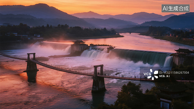 【AI数字艺术】都江堰：古堰夕照图片素材