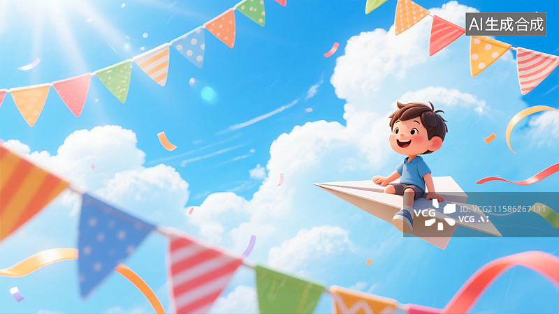 【AI数字艺术】男孩坐在纸飞机上飞行插画图片素材