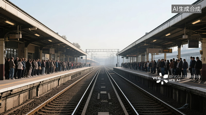 【AI数字艺术】火车站台两侧人群等待列车图片素材