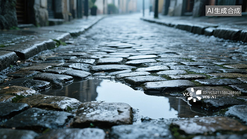 【AI数字艺术】雨后石板路，积水映街景图片素材