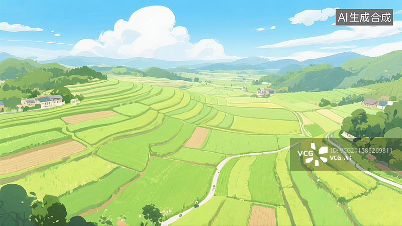 【AI数字艺术】中国农村梯田插画图片素材