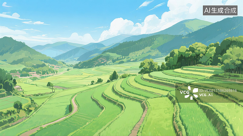 【AI数字艺术】中国农村梯田插画图片素材