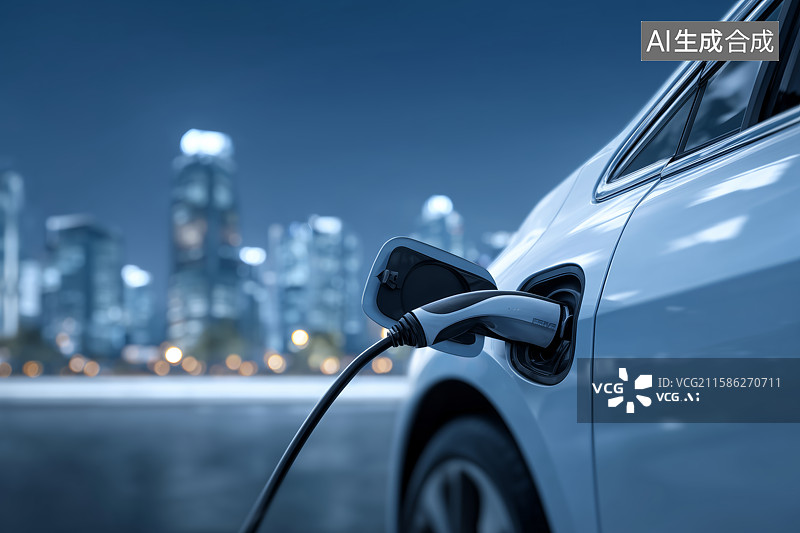 【AI数字艺术】夜间城市中的电动汽车充电图片素材