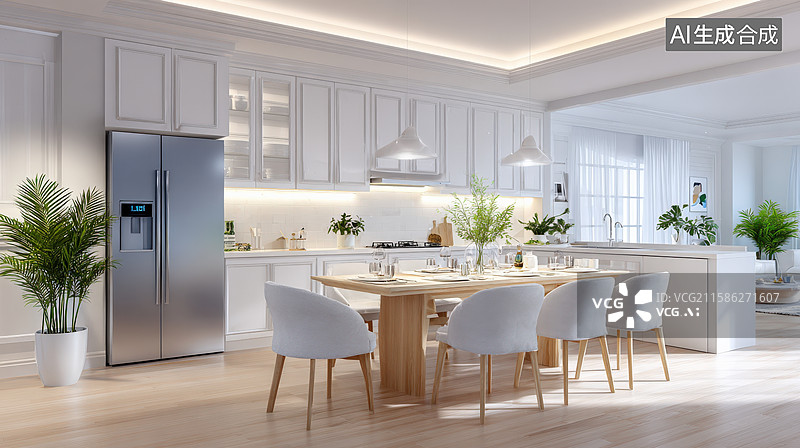 【AI数字艺术】现代简约白色厨房餐厅图片素材