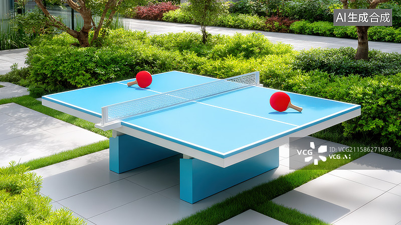 【AI数字艺术】现代花园里的室外乒乓球桌图片素材