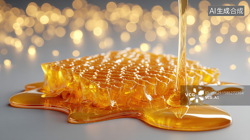 【AI数字艺术】蜂巢蜂蜜滴落特写图片素材