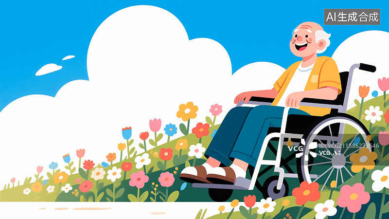 【AI数字艺术】花园里坐轮椅的老人插画图片素材