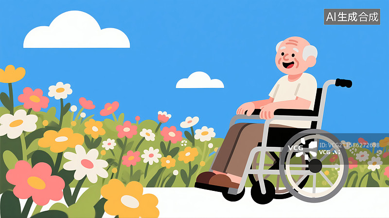 【AI数字艺术】花园里坐轮椅的老人插画图片素材