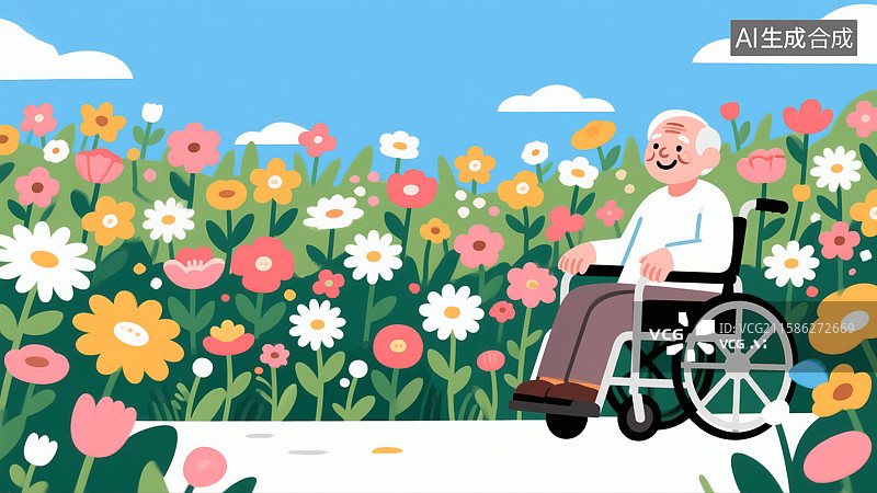 【AI数字艺术】花园里坐轮椅的老人插画图片素材