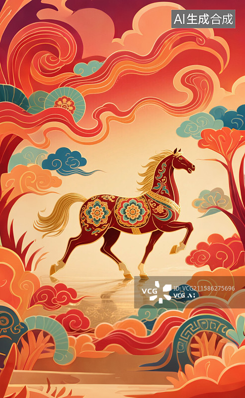 【AI数字艺术】国潮风格骏马绘画，国风十二生肖图片素材