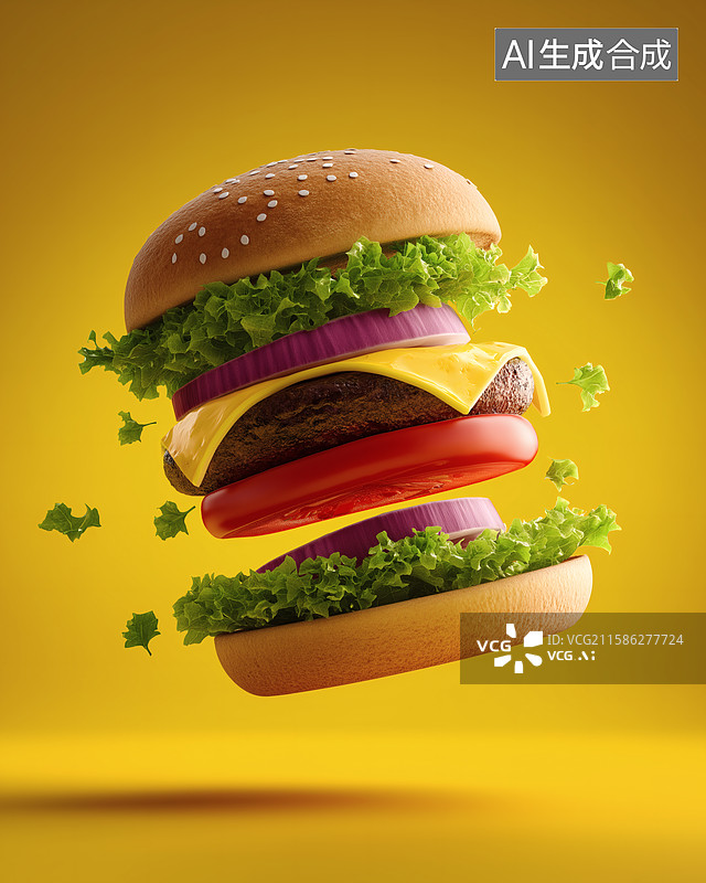 【AI数字艺术】悬浮汉堡分解图，食材一览无遗，诱人食欲图片素材