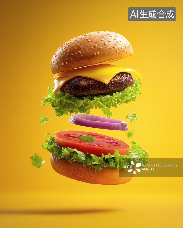 【AI数字艺术】悬浮汉堡分解图，食材一览无遗，诱人食欲图片素材