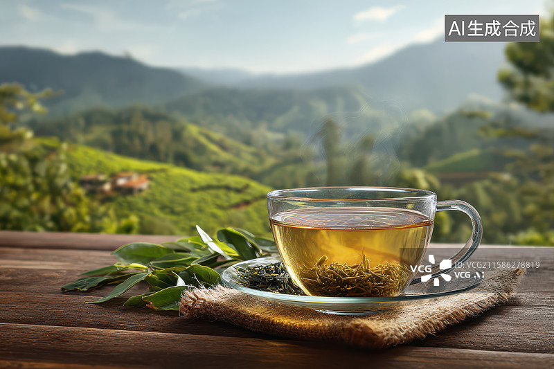 【AI数字艺术】山间木桌上一杯热气腾腾的绿茶图片素材