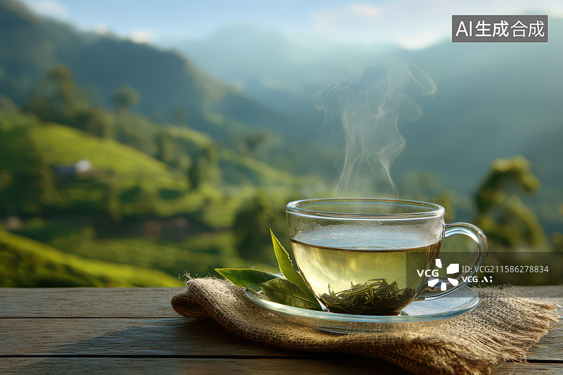 【AI数字艺术】山间木桌上一杯热气腾腾的绿茶图片素材