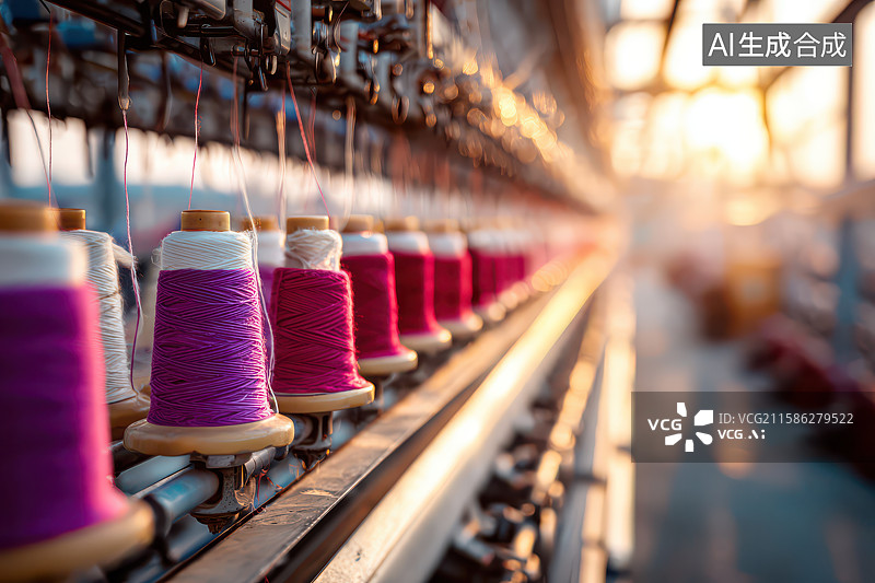 【AI数字艺术】纺织工厂彩色线轴整齐排列场景图片素材