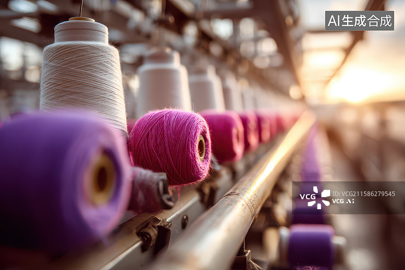 【AI数字艺术】纺织工厂彩色线轴整齐排列场景图片素材