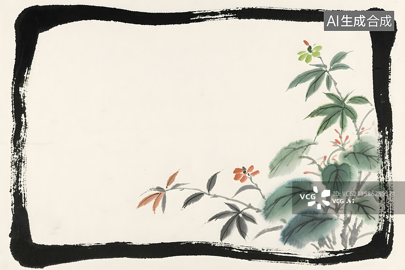 【AI数字艺术】清新植物水墨画背景边框图片素材