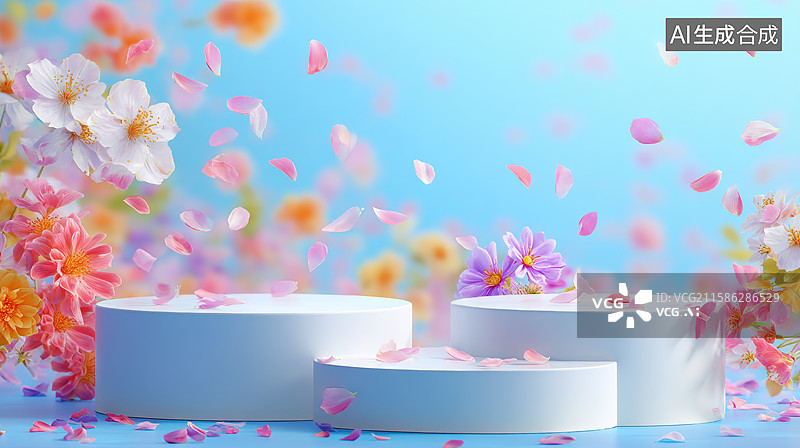 【AI数字艺术】花海中的白色圆柱展示台图片素材