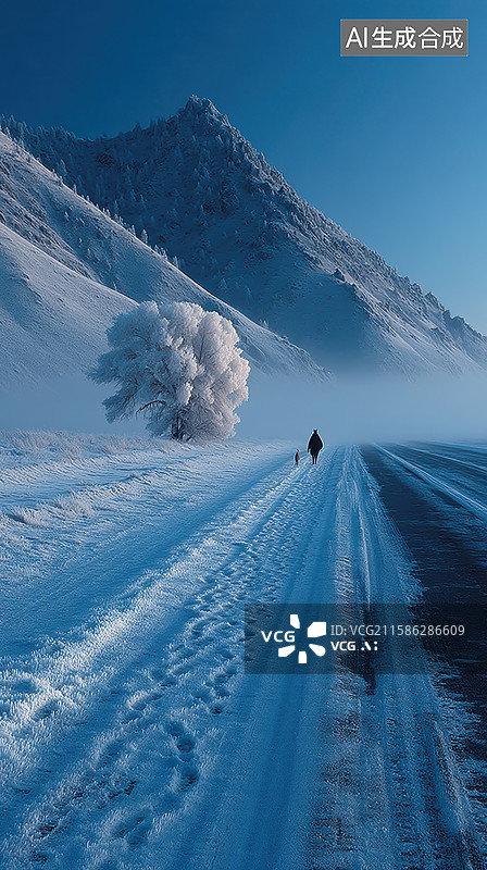 【AI数字艺术】雪地小径，孤树与远行人图片素材