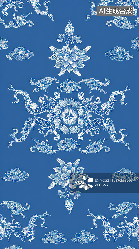 【AI数字艺术】蓝色背景上的花卉与龙纹图案图片素材
