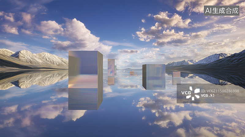 【AI数字艺术】镜面反射的立方体与雪山蓝天图片素材