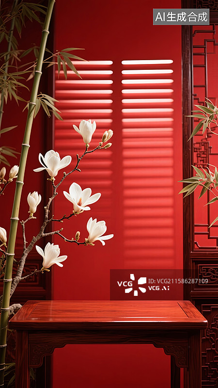 【AI数字艺术】红墙竹影玉兰百叶窗木桌中式国风产品展台背景图片素材