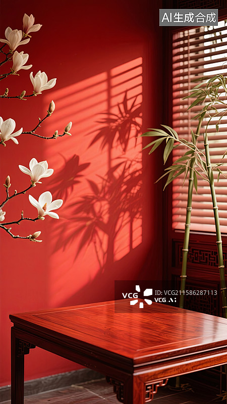 【AI数字艺术】红墙竹影玉兰百叶窗木桌中式国风产品展台背景图片素材