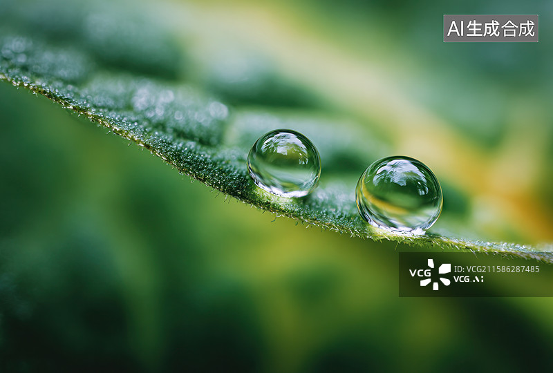 【AI数字艺术】绿叶上晶莹剔透的两颗水珠特写图片素材